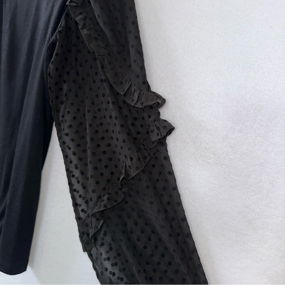 Loft Black Long Sleeve with Clip Dot Ruffle Top Size Large Petite - Picture 3 of 5